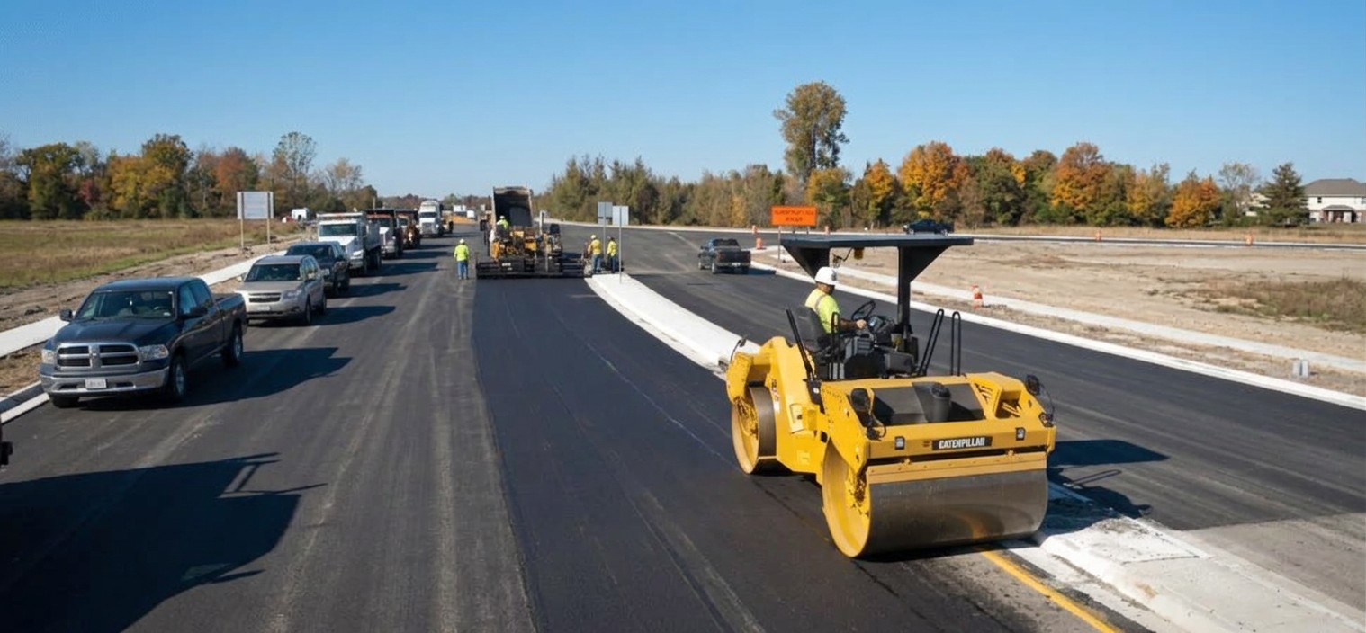 Compacteur a rouleau effectuant les premiers passages sur la couche traitee.